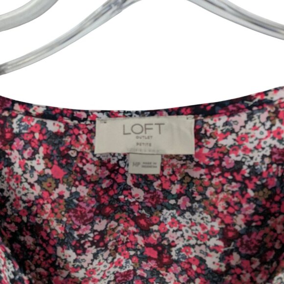 LOFT Outlet Pink/Red Floral long Sleeve Faux Wrap Blouse SZ M - Picture 3 of 4